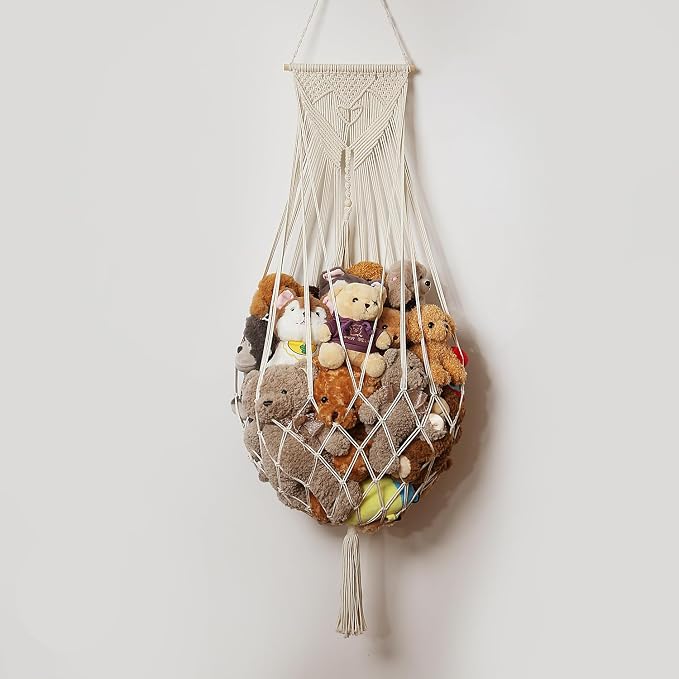 Amdermi Stuffed Animal Net or Hammock Wall Hanging Net Over Door Organizer for Stuffies Plush Toy Storage Boho Macrame Toy Display Nursery Bedroom Decor Stuffy Animal Toy Organizer (Cream)