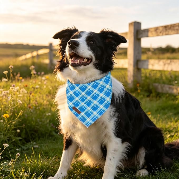 Blue Checkered Dog Bandana, Spring Summer Blue Plaid Puppy Bandana for Boy Male Dogs, Soft Cotton Pet Triangle Bid Scarf Kerchief for Boy Dogs or Cats