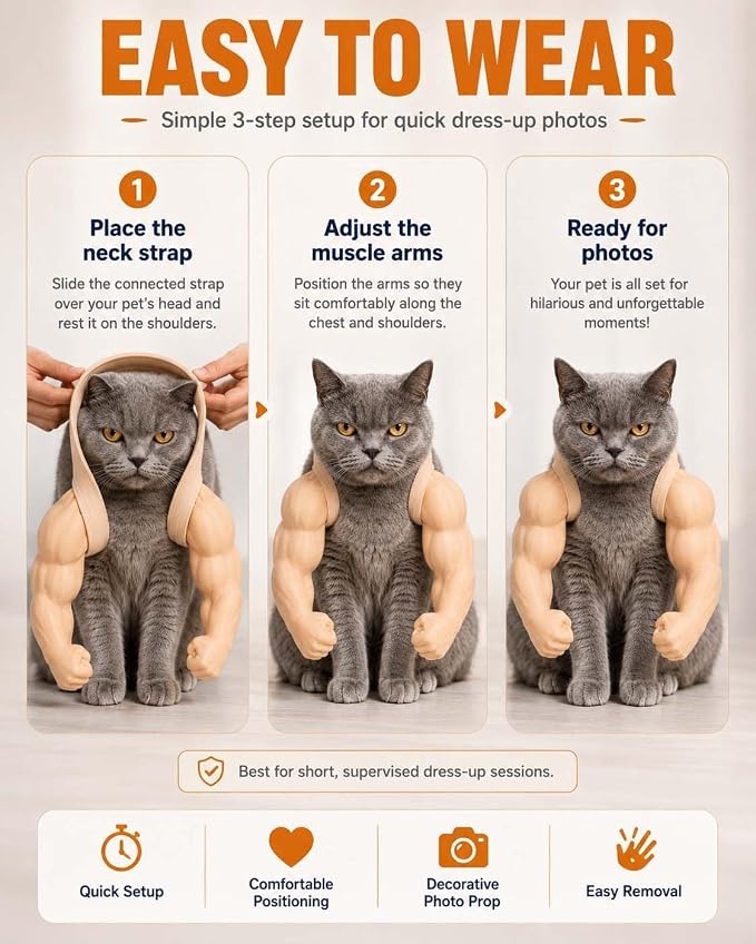 Cat Muscle Arms Pet Costume, Funny 3D Printed Buff Design, Lightweight Adjustable Neck Hanging Shoulder Outfit with Big Biceps Hands, Halloween Cosplay Photo Prop for Cats & Small Dogs, Small