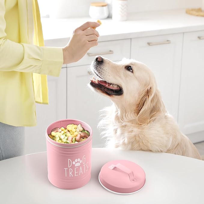 OUTNILI Pink Small Dog Treat Container Airtight - 6" Tall X 4.9" Round Pink Dog Treat Jar for Kitchen Counter - Rustic Treat Storage Canister for Dogs, Cats, Small Animals - Gifts for Pet Owners