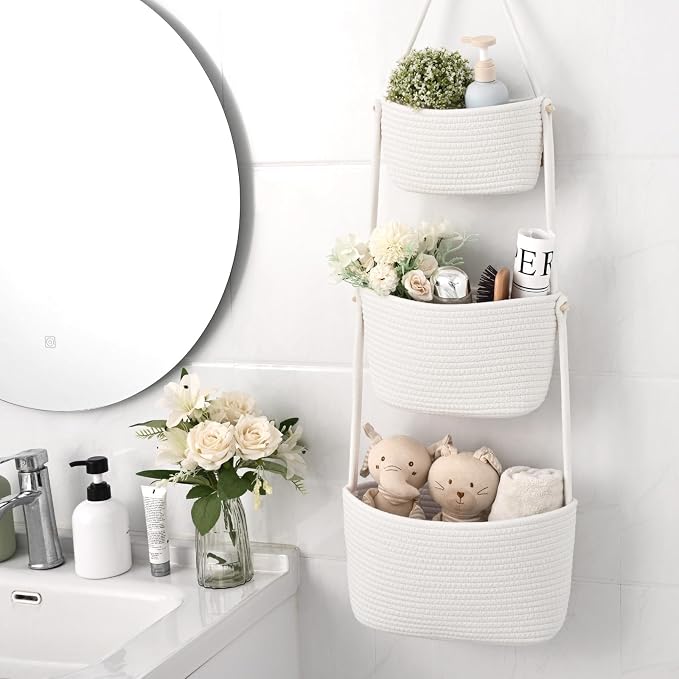 Hanging Basket, 3-Tier Woven Wall Basket with 4 Hooks, Cotton Rope Storage Baskets, Over the Door Organizer for Nursery, Bedroom, Cottage and Boho Wall Decor