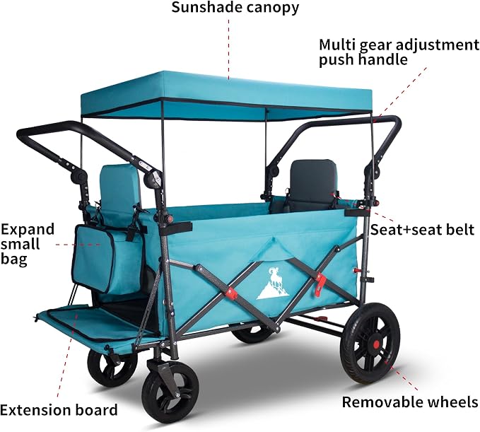 Foldable Wagon with Canopy - Collapsible Utility Cart with 2 Seats & Belts, Adjustable Handle, Expandable Front for Camping, Picnic, Shopping (Turquoise/Grey)