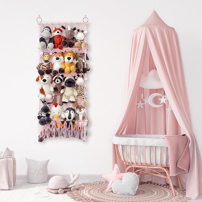 Stuffed Animal Net or Hammock Large Plushie Net Corner 4 Layer Toy Storage | Handmade Stuffed Animal Hammock Net with Boho Macrame Design Corner Organized Saves Space Holder Hanging for Plush Toys Pink