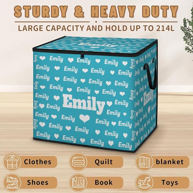 Custom Name Large Clothes Storage Organization with Lids, Kids Toys Bin Shelf Basket, Bedding Clothes Towel Lake Blue Storage Bin for Nursery, Gift Basket, Pet Basket, Full Names Love Hearts Printed