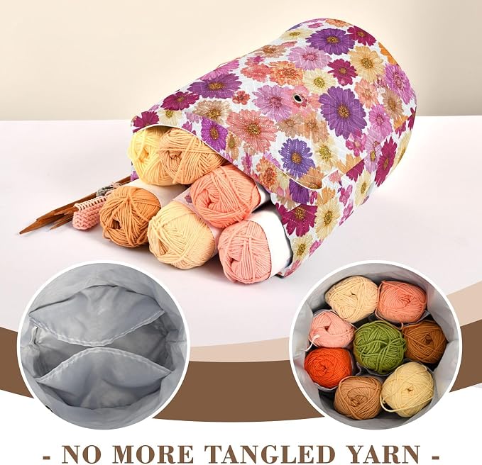 Tatenale Crochet Bag Yarn Bag Knitting Project Bag with Pockets and Handle Portable Yarn Storage Organizer Tangle Free 8.3x11 InchRed Purple Yellow Daisy06