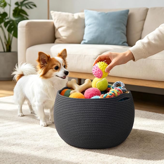 Goodpick Large Toy Storage Basket for Kids, Round, 15.7" x 10.5", Black | Woven Rope Basket with Handles, Holds Blankets, Toys & Baby Shower, Decorative Basket for Living Room & Bedroom Décor