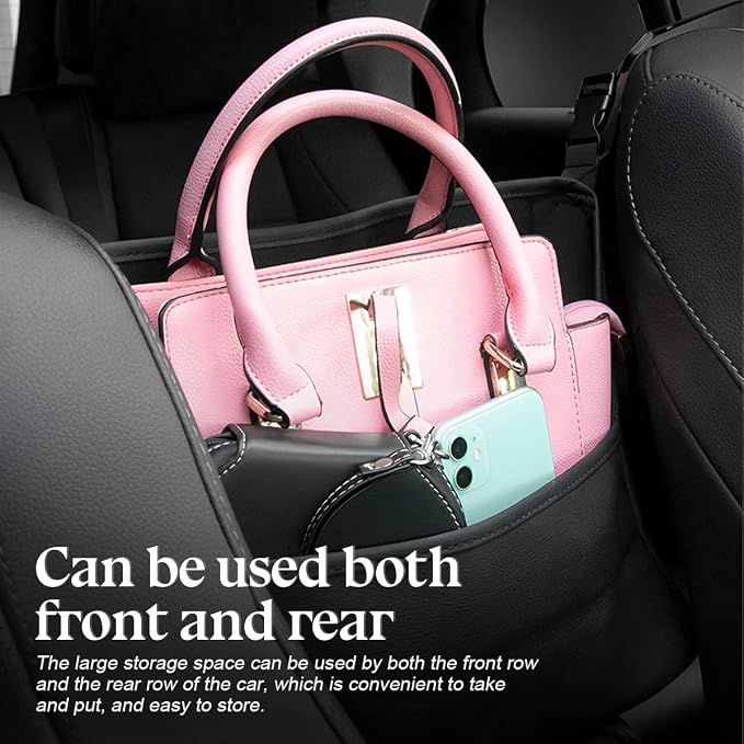 zipelo Car Handbag Holder Between Seats, PU Leather Multi-Pocket Large Capacity Purse Holder, Auto Net Bag Barrier of Backseat Pet Kids, Car Seat Organizers and Storage for Cargo Tissue Cup (Black)