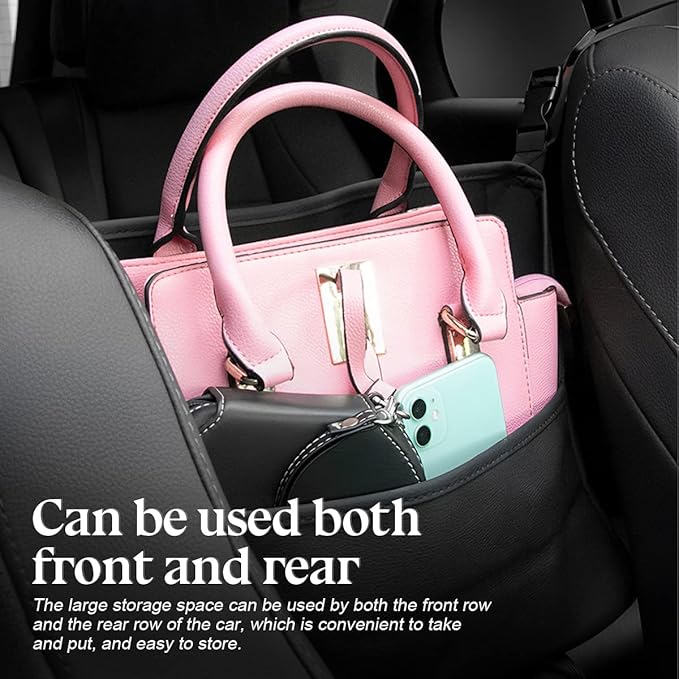 XINLIYA Car Handbag Holder Between Seats, PU Leather Multi-Pocket Large Capacity Purse Holder, Auto Net Bag Barrier of Backseat Pet Kids, Car Seat Organizers and Storage for Cargo Tissue Cup（Brown）
