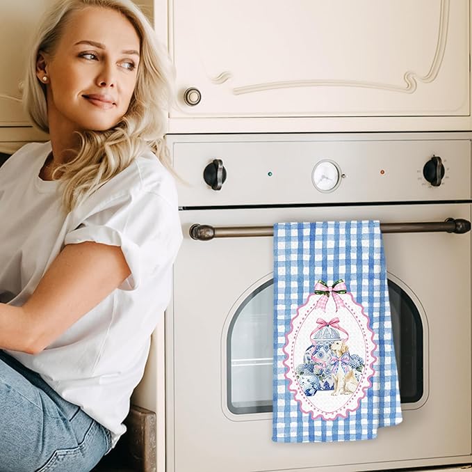 Pink and Blue Chinoiserie Golden Retriever Kitchen Towels, Golden Retriever Lover Gifts Dish Tea Towels for Kitchen, Coquette Pink Bow Hydrangea Dog Hand Towel for Bathroom Decor, 16x24 Inch