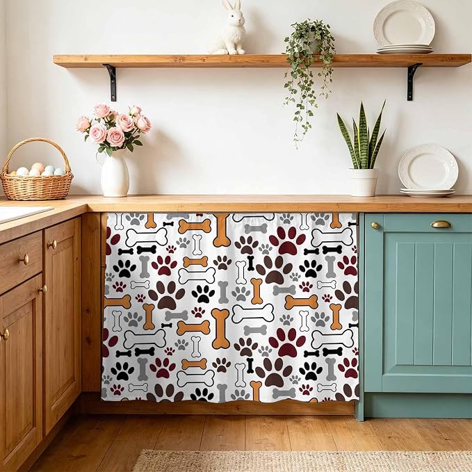 Dog Claws Oven Skirt Curtain for Kitchen Decor 28"x35", Pet Cat Cartoon Cute Animal Bone Pawprints Self Adhesive Stove Curtains Skirt Cabinet Curtains for Bathroom Laundry Room