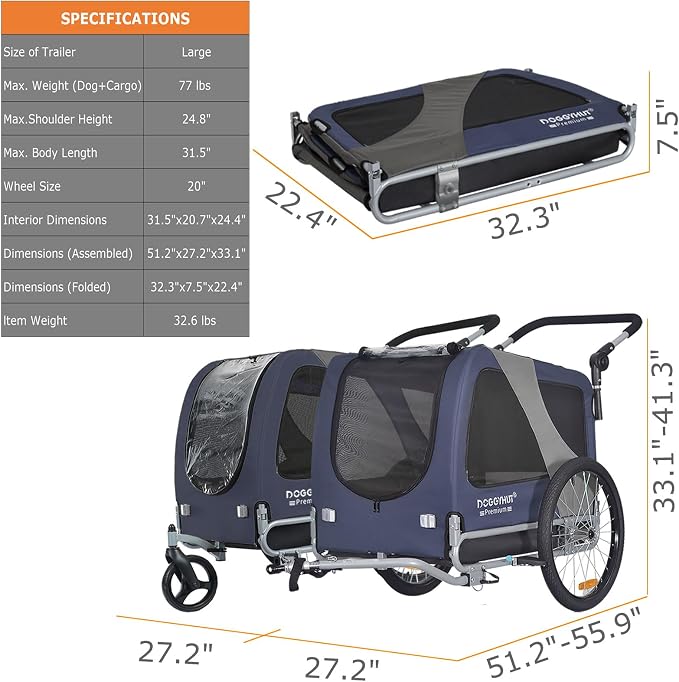 DOGGYHUT® Premium Large Pet Bike Trailer & Stroller Up to 77 lbs (Blue) | Bicycle Trailer for Small Medium or Large Dogs, Dog Bicycle Carrier, Low Center of Gravity, Folding Frame Cart