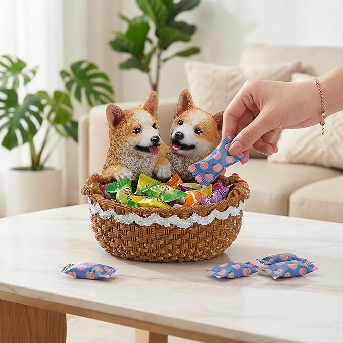 Resin Double Corgi Storage Basket, Decorative Catchall Tray for Keys & Candy, Desk Organizer Bowl for Home Office, Room Decor Accessories