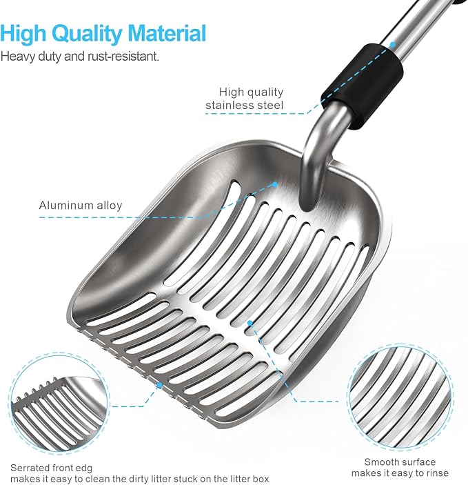 Depets Cat Litter Scoop, Long Handle Metal Litter Scooper - No Bending | Detachable, Deep Shovel, Comfort Foam Grip, Easy & Fast Sifting, Heavy Duty Stainless Steel, Litter Sifter with Storage Hook