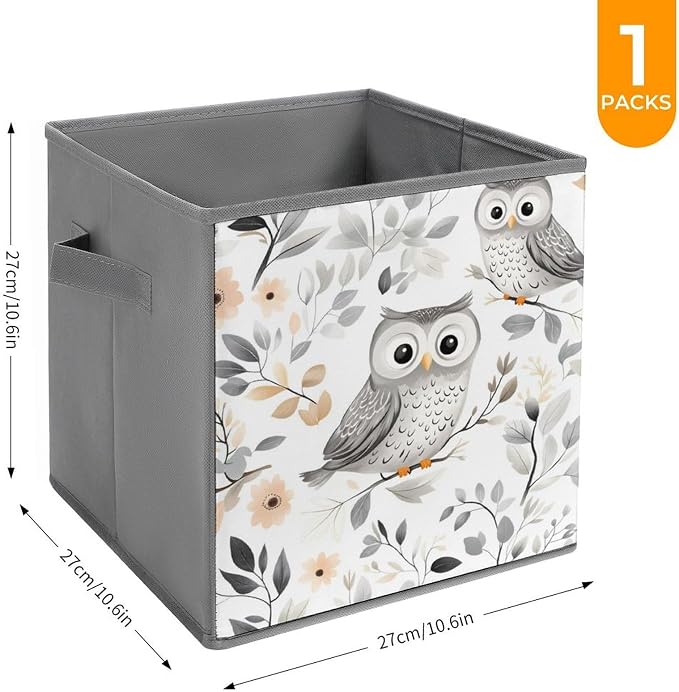 Whimsical Owl Foldable Storage Bins, 10.6" Cube Storage Organizer, Sturdy Oxford Cloth Fabric Baskets for Closet, Shelf, Nursery, Bedroom, Decorative Printed Box for Toys & Clothes