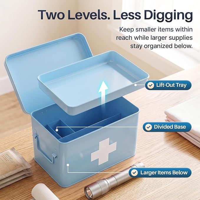 Flexzion Large Metal First Aid Box Empty, 13-Inch, Blue with White Cross | Vintage Medicine Box and First Aid Storage Organizer with Removable Tray and Dividers; Empty Box Only, Supplies Not Included