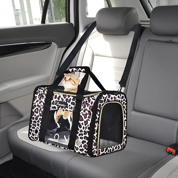 Petmolico Cat Carrier Soft-Sided Airline Approved, Medium, Medium, Leopard | For small/medium cats & puppies up to 16 lbs, 3 open doors, travel-friendly pet bag