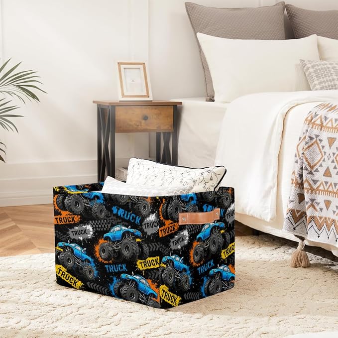 Rectangle Storage Basket with Handles, Cube Organizer Bins for Shelves Collapsible Toys Storage Box Clothes Baskets for Nursery Home Kids Room(Truck)