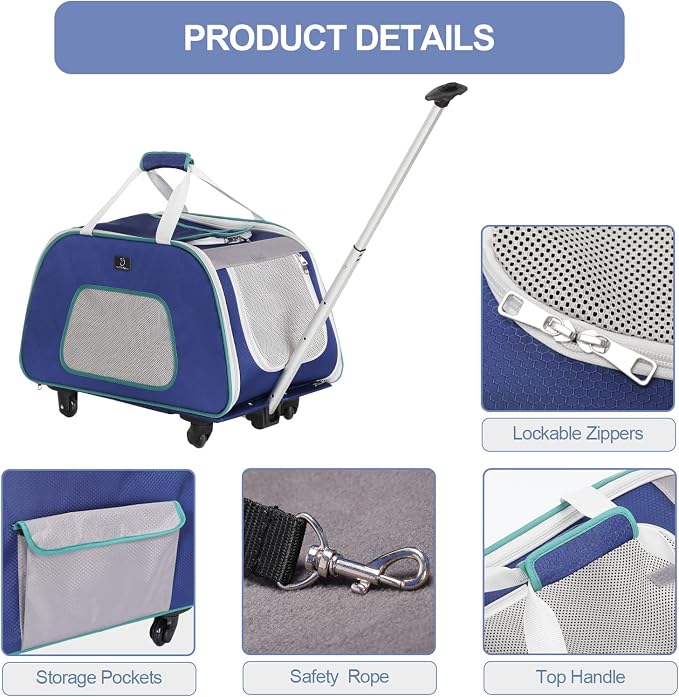 A 4 Pet Foldable Dog Carrier on Wheels, Up to 33 lbs, Navy Blue | Removable base, extendable handle, 4-wheel design, mesh ventilation, safety rope