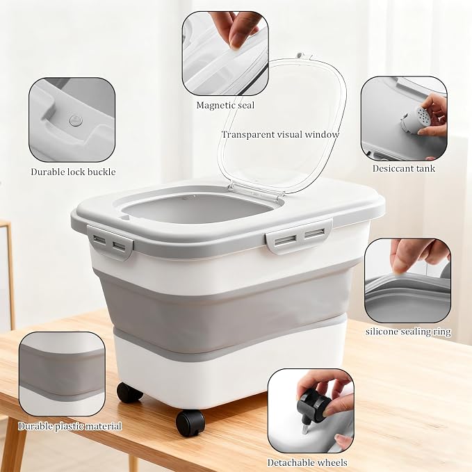 20-30 Lbs Grey Collapsible Airtight Rice Pet Food Storage Container | With Rolling Wheels Lock Lid Scoop Cup, Large Bin for Rice Flour Pet Food Home Storage