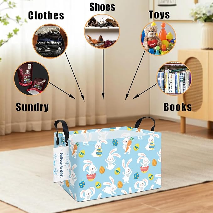 Rectangular Collapsible Rabbit Storage Basket Nursery Toy Organizer | Storage Bin Foldable Canvas with Handles for Organizing Home Kitchen Children Toys Office Closet Shelf Baskets