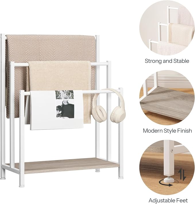 HOOBRO Free Standing Towel Rack, 3 Tier Blanket Rack, Blanket Holder for Bathroom, 23.6" L x 11" W x 31.9" H, Industrial Metal Drying and Display Rack with Shelf, White and Grey WG06LB01