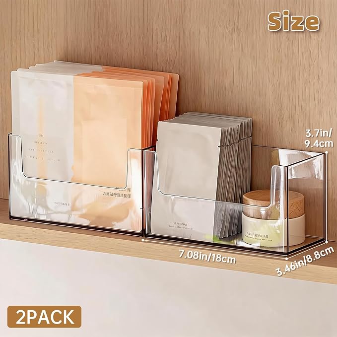 PAVSTINE 2 Pack Clear Medicine Cabinet Organizer, Slim Open Face Mask Storage Box for Sheet Masks and Skincare, Space-Saving Makeup Holder for Bathroom, Vanity, Countertop