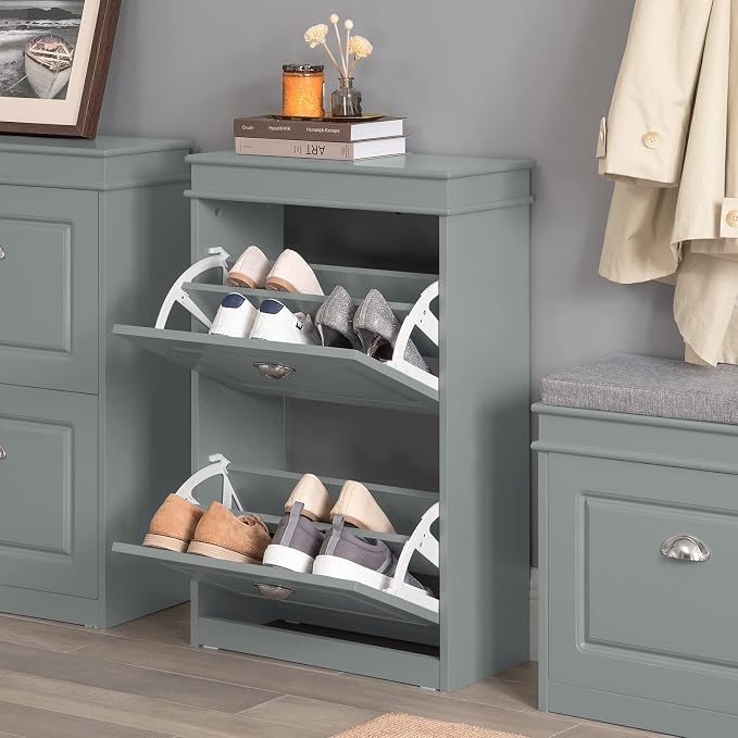 Haotian Small Shoe Cabinet | Two Flip Drawers Freestanding Shoe Rack, Shoe Storage Cupboard Organizer, FSR78-HG