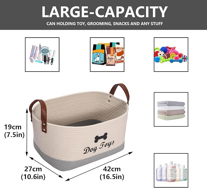 Large Cotton Dog Toy Basket, 16.5"x10.6"x7.5" - Perfect for Organizing Pet Toys, Blankets, Leashes, Coat & More - Beige Gray