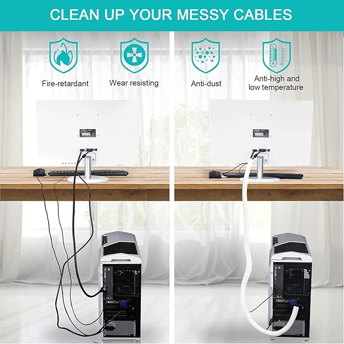6.6ft, 1.2 inch White Cable Sleeve | Cable Organizer for Desk PC TV Computer, Wire Protector Cable Wrap Cover, Cord Management for Home Office