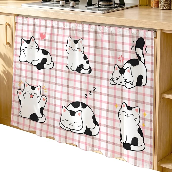 Cute Cat Cabinet Dishwasher Hidden Curtains, Privacy Closet Door Curtain, Modern Playful Pet Cats Pink Brown Plaid Adhesive Dust Proof Under Sink Skirt for Bathroom Kitchen 35"x35"