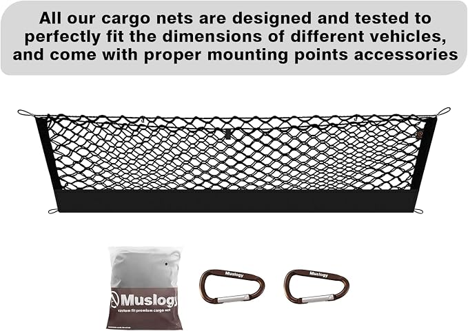 Muslogy Cargo Net for 2023-2025 2026 Honda CR-V CRV Accessories | Custom Fit, Trunk Storage Organizer Net for SUV Sedan Van Divider, with Heavy Duty Carabiners, Night Visible Grab Handle