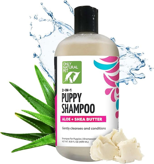 Only Natural Pet 2-in-1 Puppy Shampoo with Aloe & Shea Butter - Hydrating Dog Shampoo for Puppies with Sensitive Skin & Coat, Moisturizing Plant-Based Formula, No Fragrance - 16.9 oz