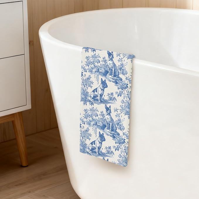 French Bulldog Kitchen Dish Towels,Blue and White Floral Dog Towel Dish Tea Towels, Chinoiserie Decor for Kitchen Bathroom,French Bulldog Gifts for Dog Lover Mom Dad,16x24 Inch
