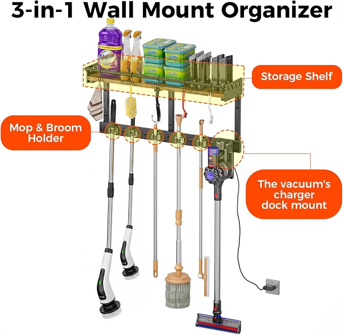 Broom Holder Wall Mount with Shelf, Black, L | 3 in 1 Broom and Mop Organizer, Wall Hanging, For Laundry, Garage, Utility, Vacuum Stand Alternative