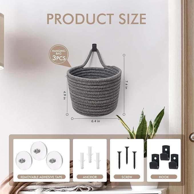 Fabric Wall Hanging Baskets - 3Pack Woven Pouchs Boho Style Wall Mounted Bag with Adhesive Hooks, Storage Organizers and Decoration Pocket Caddy Bins on Door Rack (Dark Gray & Black, Large) | Wall Small Bags with Adhesive Hooks, Cotton Rope, Boho Decor...