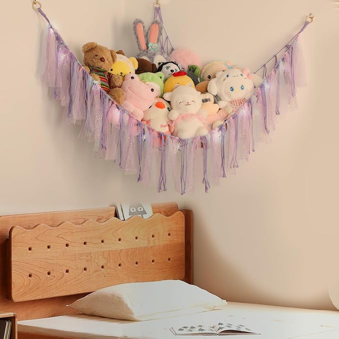 Stuffed Animal Hammock with LED Lights - 59 Inch Large Toy Storage Net for Kids Bedroom, Wall-Mounted Plush Organizer with Wooden Rings, Nursery Decor (Handwoven, Purple)