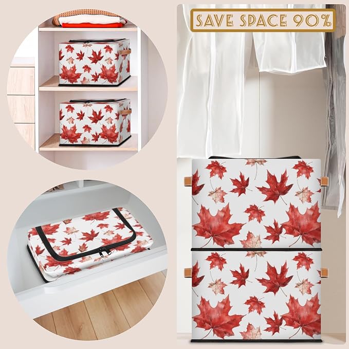 Red Maple Leaf Storage Bins With Zipper Lid, Collapsible Trunk Organizer, Car Organizers and Storage Bins with Lids, Autumn Decorative Storage Boxes with Handle, Home Storage Baskets for Organizing