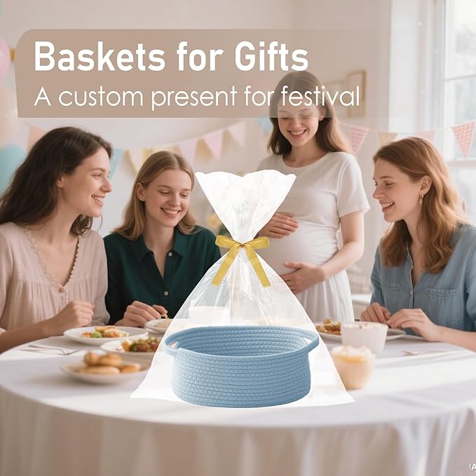 JMvicyroam Small Woven Basket, Empty Gift Basket, Blue/3 Pack | Small Gift Basket, Cotton Rope, 12 x 8 x 32 in, Handles, Includes Ribbon and Bag, Birthday Gift Basket