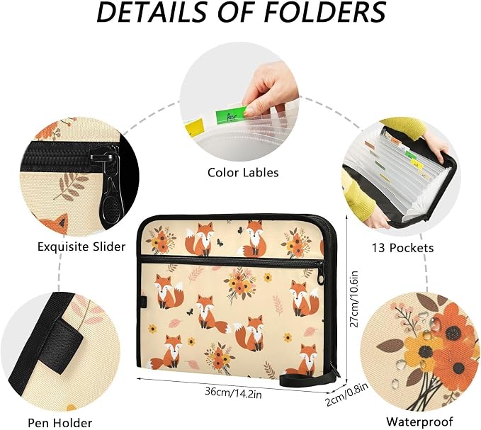 13 Pocket Zipper Expanding File Folder A4 Cartoon Fox Animal | Accordion File Organizer with Front Pouch A4 Letter Size Portable Folders for Documents Receipt School Office Supplies