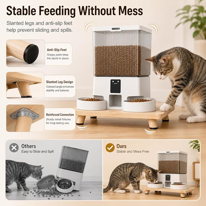 Solid Wood Elevated Cat Feeder Stand, Raised Bowl Holder for Automatic Cat Feeders, Large Double Bowls & Traditional Bowls, Ergonomic Raised Station Relieves Spine and Joint Pressure
