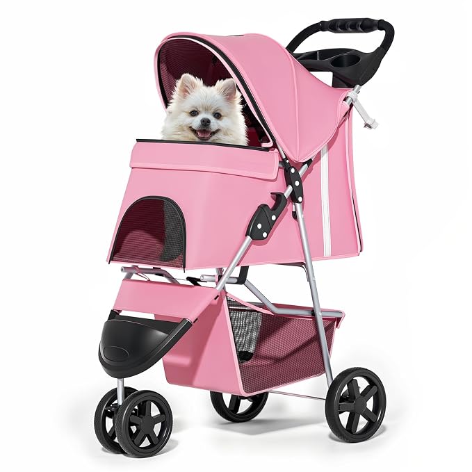 MoNiBloom Pet Stroller for Small/Medium Dogs and Cats up to 33 lbs, Pink | Foldable Dog Stroller 3 Wheels Pet Strolling Cart w/ Storage Basket Cup Holder, Breathable and Visible Mesh for All-Season
