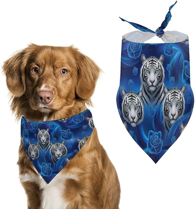 Portable Lightweight Triangle Pet Scarf Blue Rose White Tiger Fit Small, Medium, Large Dogs and Cats Wedding, Beach Party, Family Party Wear