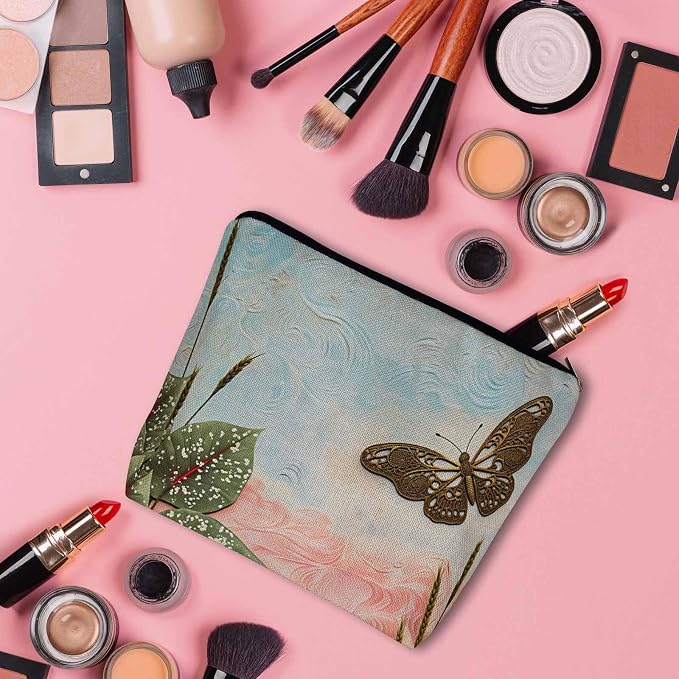 Women Cosmetic Bag Butterfly, Pond Green Leaves Floral Butterflies Cute Makeup Bag For Purse Cosmetic Travel Bag For Toiletries Makeup Storage Bag Flax Skincare Bag Make Up Pouch Bags