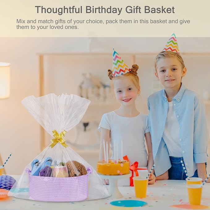 Small Empty Gift Basket with Bag & Ribbons, Purple | 12“x8”x5”, Cotton Rope Woven Basket for Birthdays, Baby Showers, Mother's Day, Christmas; Stores Small Items, Kids & Pet Toys