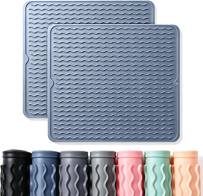 2 Pack Caketime Silicone Dish Drying Mat for Kitchen Counter Multiple Usage for Cooking Grilling Under Sink Office Coffee Accessories Appliances Pioneer Woman Stuff Extra Large 18"x16" Blue