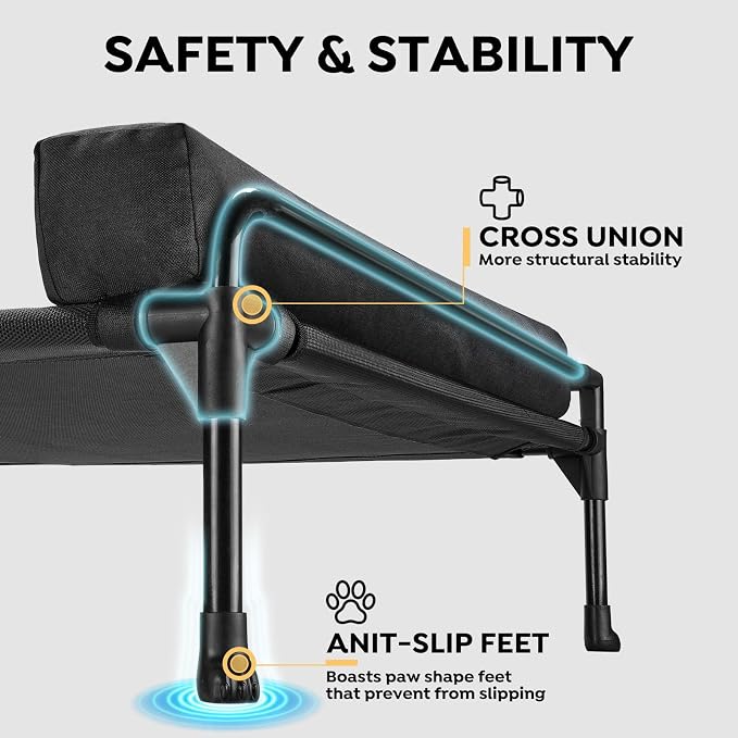 Veehoo Outdoor Elevated Dog Bed-Cooling Raised Dog Cot for Large Sized Dogs | Three-Sided Fence Raised Pet Cot with Mesh & No-Slip Feet Dog Hammock Bed with Removable Bolster-47"x 29" Black