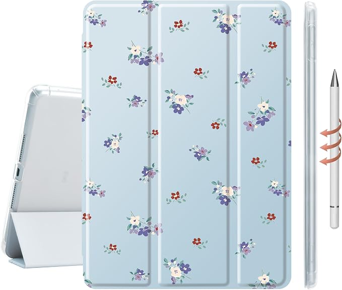 Cute Purple Floral Case for 7.9" iPad mini 4/iPad mini 5, Clear TPU Smart Stand Back Cover with Pencil Holder, Auto Wake/Sleep Foldable Four-Corner Shockproof Protective Case