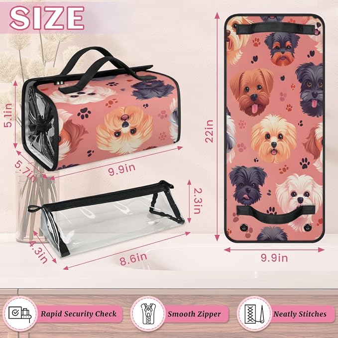 Dogs Makeup Bag for Women Hanging Roll-Up Travel Organizer Toiletry Kit with 4 Removable Compartments, Cute