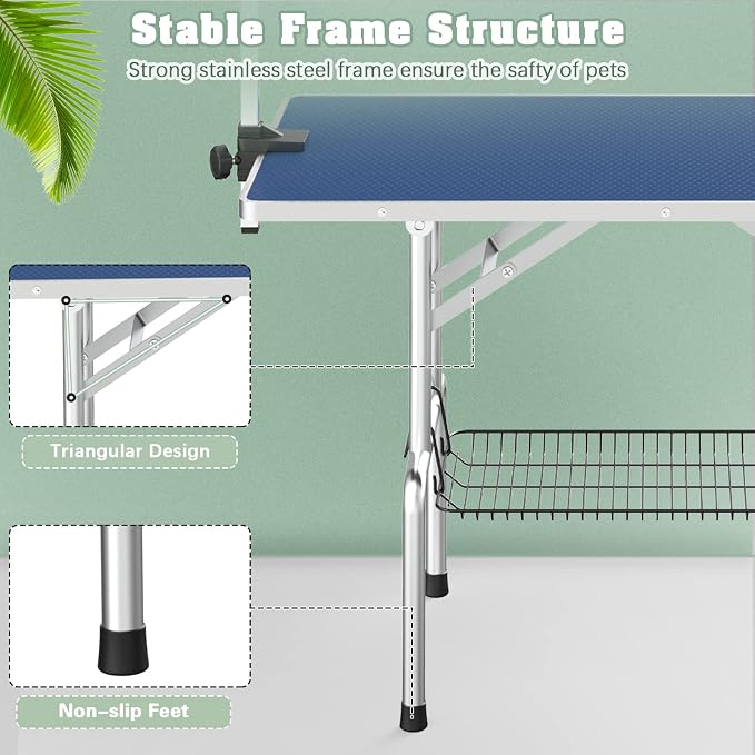 46'' Stainless Steel Pet Dog Grooming Table, Arm/Noose/Tray, Blue | Foldable Dog Grooming Table for Dogs at Home, Adjustable Height Arm, Non-Slip Waterproof Tabletop, Capacity 330Lb
