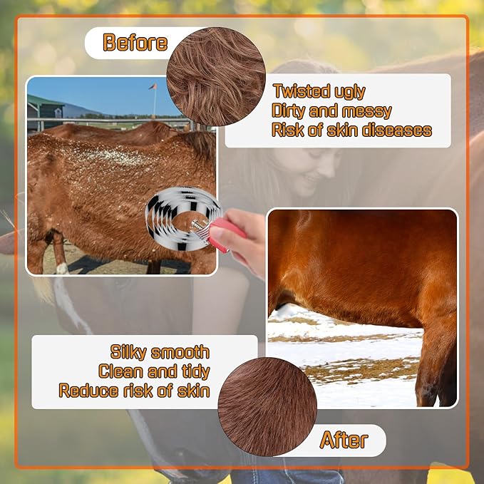 6 Rings Curry Comb Horse Brush, Reversible Stainless Steel Shedding Comb & Scraper with Soft Touch Grip, Horse Grooming Supplies for Horses, Dogs & Livestock, Curry Comb for Shedding & Bathing